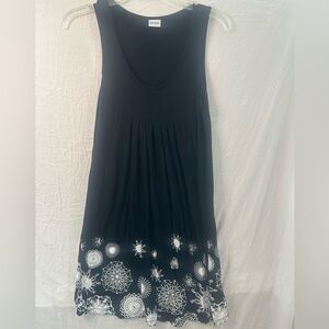 Lascanas Sleeveless Black Mini Dress White Lace Print Hem Pleated Swing S XS
